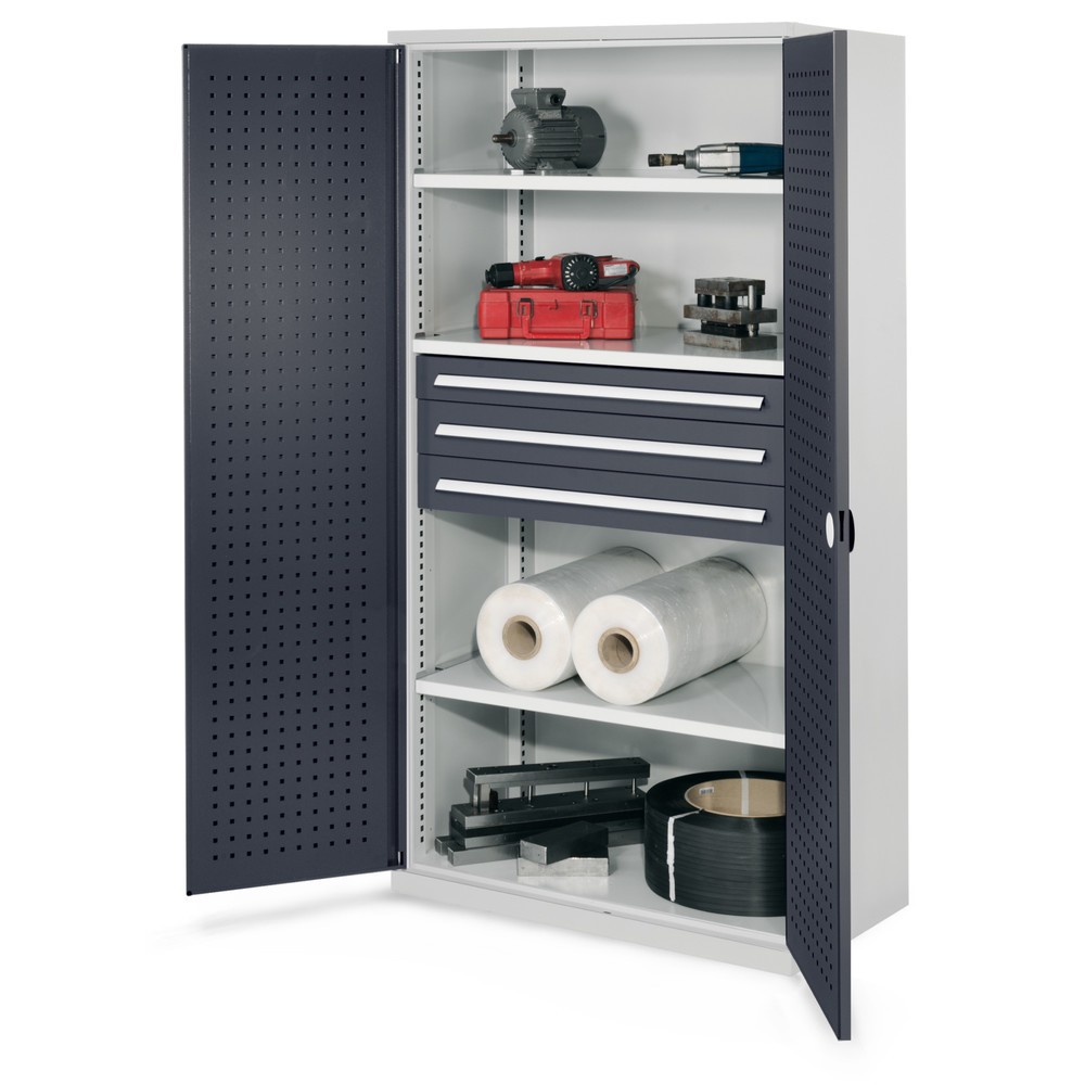 Produktabbildung: Kappes Schwerlastschrank ohne Mitteltrennwand, HxBxT 1.950 x 1.000 x 600 mm, Türinnenseite mit RasterPlan Lochplatten, 3 Böden, 3 Schubladen, lichtgrau, anthrazitgrau