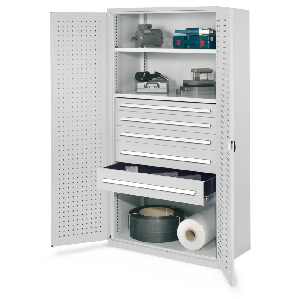 Produktabbildung: Kappes Schwerlastschrank ohne Mitteltrennwand, HxBxT 1.950 x 1.000 x 600 mm, Türinnenseite mit RasterPlan Lochplatten, 2 Böden, 5 Schubladen, lichtgrau