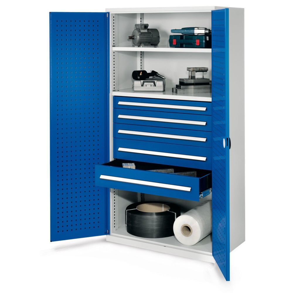 Produktabbildung: Kappes Schwerlastschrank ohne Mitteltrennwand, HxBxT 1.950 x 1.000 x 600 mm, Türinnenseite mit RasterPlan Lochplatten, 2 Böden, 5 Schubladen, lichtgrau, enzianblau