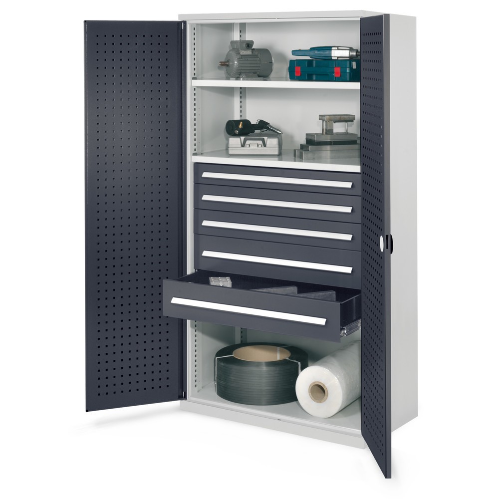 Produktabbildung: Kappes Schwerlastschrank ohne Mitteltrennwand, HxBxT 1.950 x 1.000 x 600 mm, Türinnenseite mit RasterPlan Lochplatten, 2 Böden, 5 Schubladen, lichtgrau, anthrazitgrau