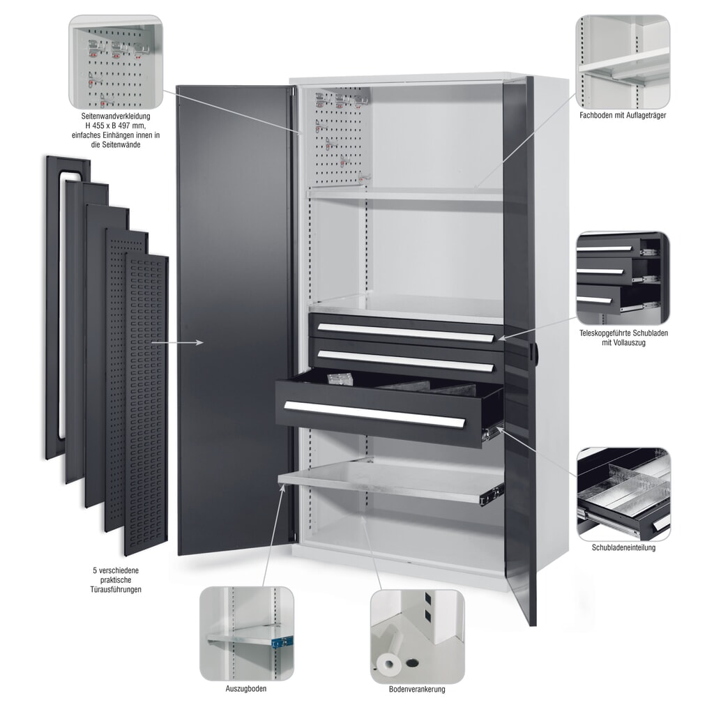 Kappes Schwerlastschrank ohne Mitteltrennwand, HxBxT 1.950 x 1.000 x 600 mm, Türinnenseite mit RasterPlan Lochplatten, 4 Böden, lichtgrau, anthrazitgrau Produktabbildung Nr. 8: Kappes Schwerlastschrank ohne Mitteltrennwand, HxBxT 1.950 x 1.000 x 600 mm, Türinnenseite mit RasterPlan Lochplatten, 4 Böden, lichtgrau, anthrazitgrau
