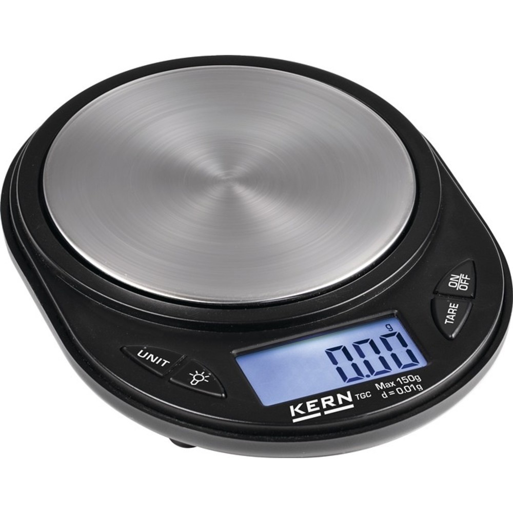 Produktabbildung: KERN Taschenwaage, Batteriebetrieb Ziffernschritt 0,01 g, Wägebereich 0,15 kg, Wägeplattform-Ø 81 mm