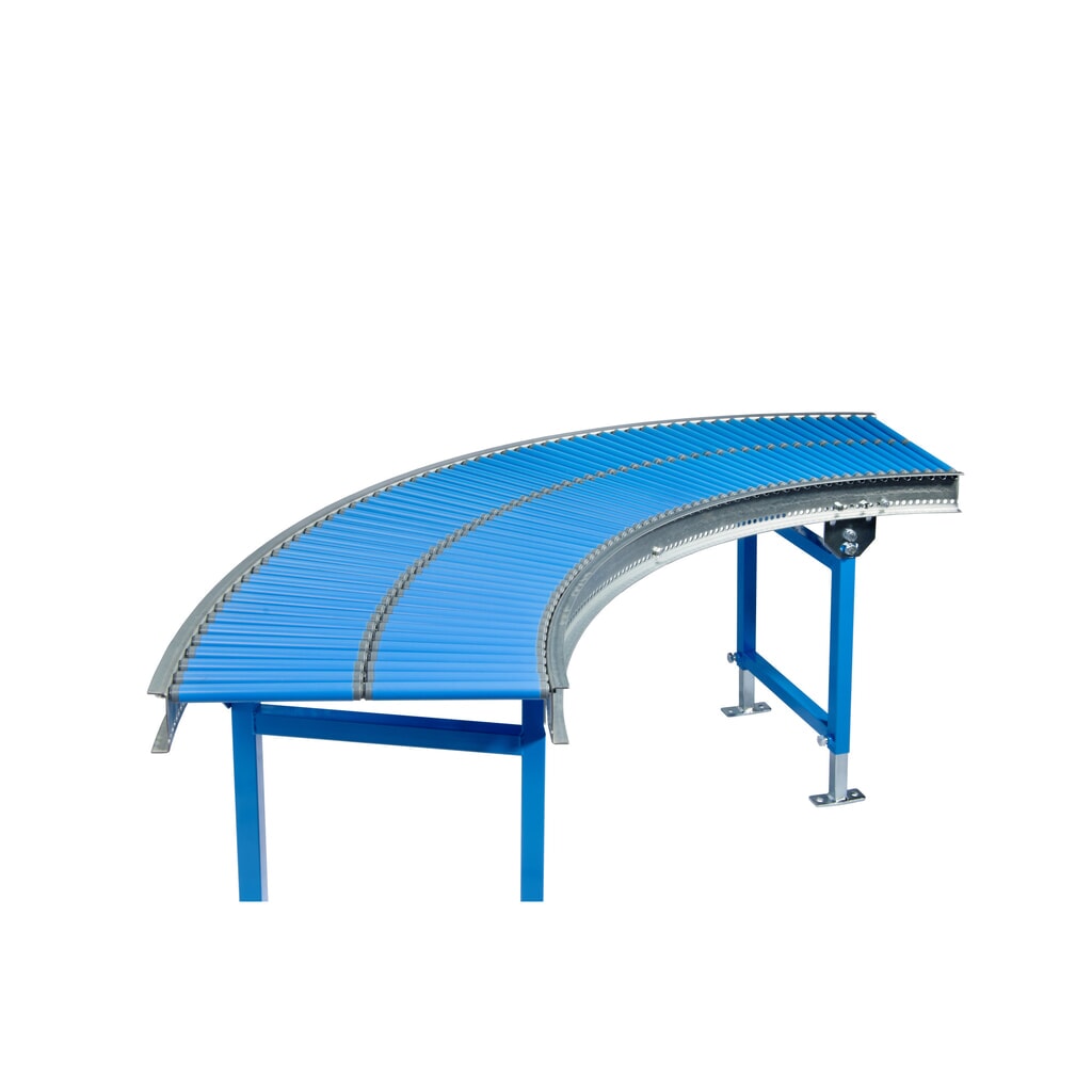 Produktabbildung: BLUME Klein-Rollenbahn, Kunststoffrollen Ø 20 mm, 90° Kurve, Federachse, Breite 200 mm