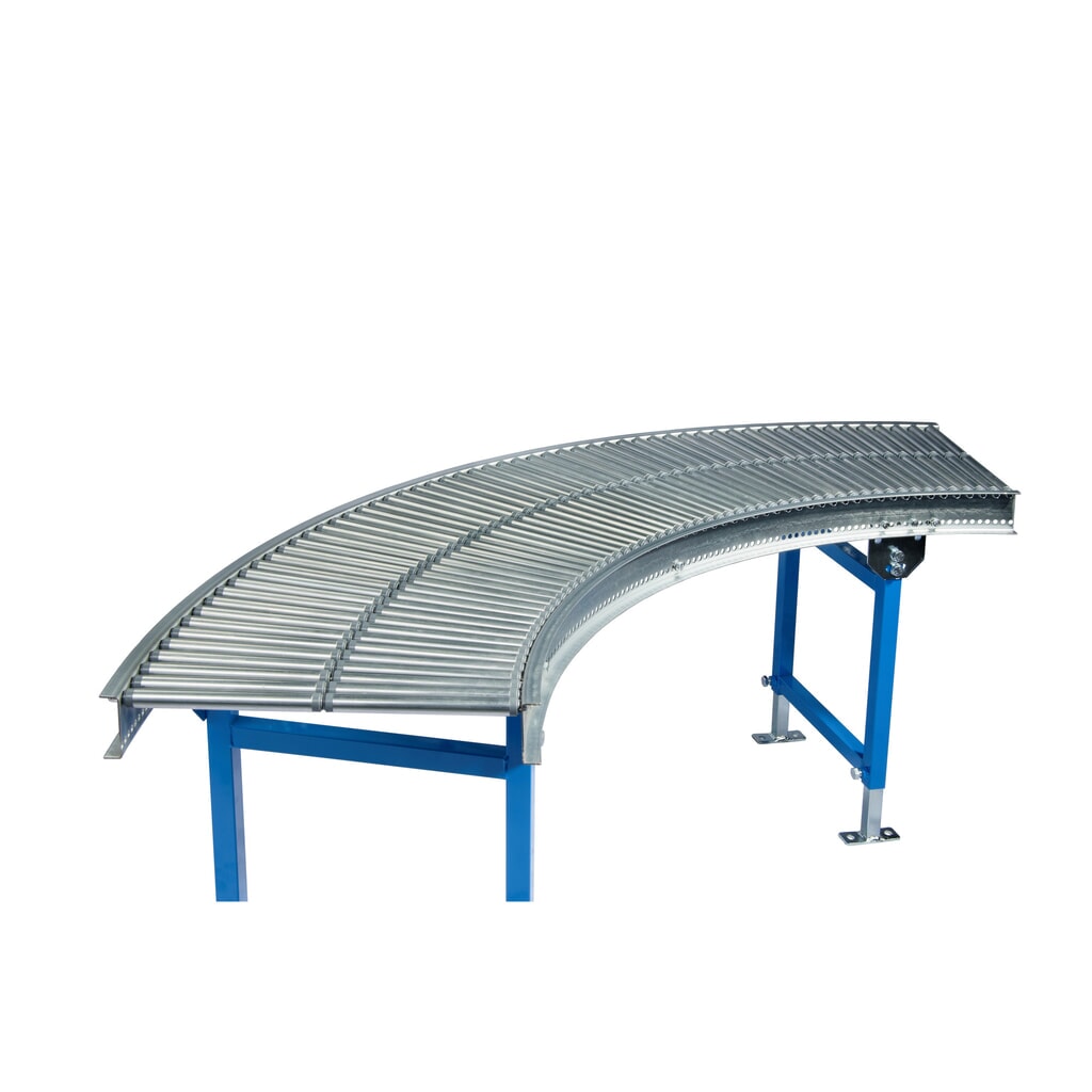 Produktabbildung: BLUME Klein-Rollenbahn, Stahlrohrrollen Ø 20 mm, 90° Kurve, Federachse, Bahnbreite 200 mm