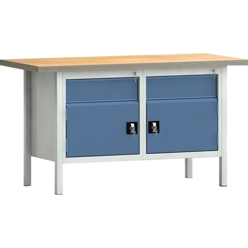 Produktabbildung: KLW-LUTZ Betriebseinrichtungen Werkbank PW 700, lichtgrau, RAL 7035, B1500xT700xH840mm Buche Multiplex, brillantblau, RAL 5007 2 Schubl. 2 Türen