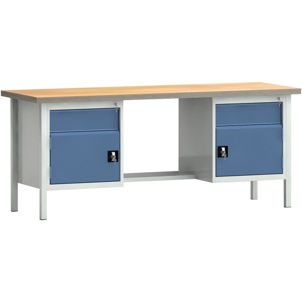 Produktabbildung: KLW-LUTZ Betriebseinrichtungen Werkbank PW 700, lichtgrau, RAL 7035, B2000xT700xH840mm Buche Multiplex, brillantblau, RAL 5007 2 Schubl. 2 Türen