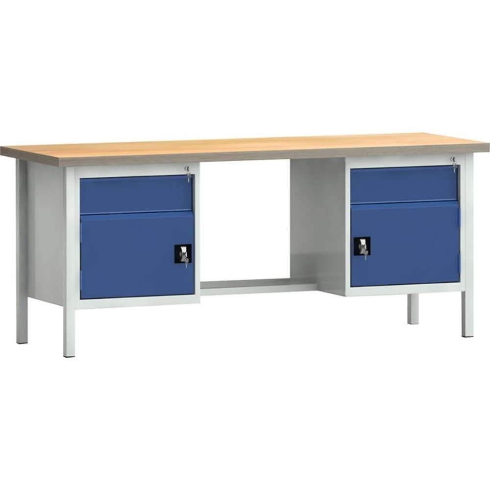 Produktabbildung: KLW-LUTZ Betriebseinrichtungen Werkbank PW 700, lichtgrau, RAL 7035, B2000xT700xH840mm Buche Multiplex, enzianblau, RAL 5010 2 Schubl. 2 Türen