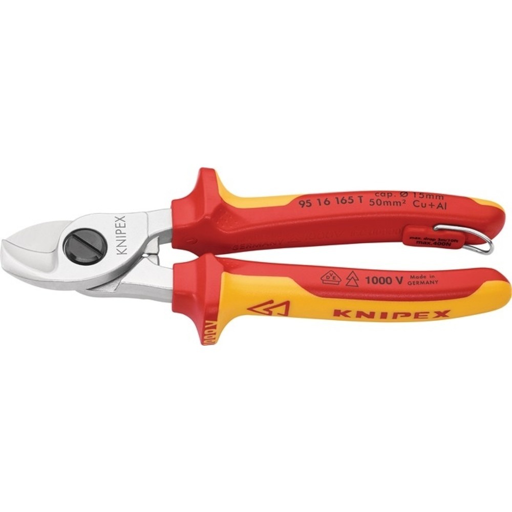 Produktabbildung: KNIPEX Kabelschere L.165mm Kopf verchr.VDE m.Öse Mehrkomp.-Hüllen Form 1