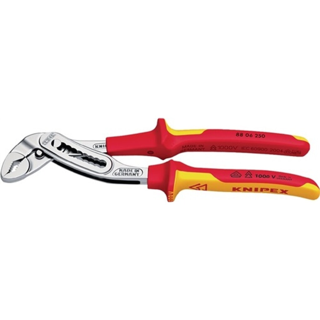 Wasserpumpenzange Allig. L.250mm Chrom VDE Spann-W.36mm KNIPEX Mehrkomp.-Hüllen Produktabbildung: Wasserpumpenzange Allig. L.250mm Chrom VDE Spann-W.36mm KNIPEX Mehrkomp.-Hüllen