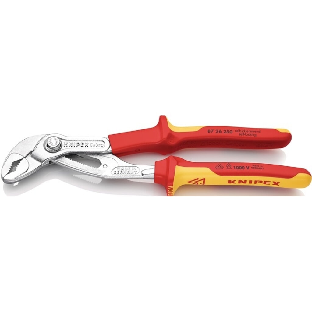 KNIPEX Wasserpumpenzange Cobra®, verchromt VDE, Länge 250 mm Spannweite 46 mm, Mehrkomponenten-Hüllen Produktabbildung: KNIPEX Wasserpumpenzange Cobra®, verchromt VDE, Länge 250 mm Spannweite 46 mm, Mehrkomponenten-Hüllen