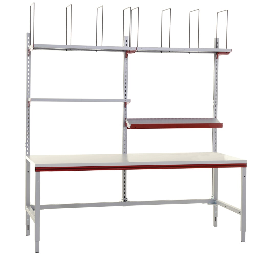 Produktabbildung Nr. 5: Rocholz Manuell höhenverstellbarer Packtisch FLEX, Aufbau mit Ablageböden und Fachteilern, HxBxT 690-960 x 2.000 x 800 mm