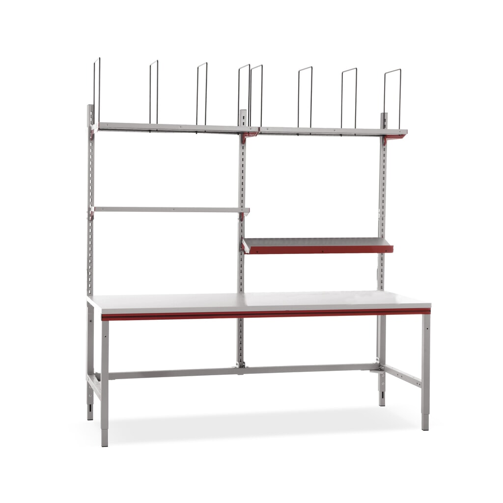 Rocholz Manuell höhenverstellbarer Packtisch FLEX, Aufbau mit Ablageböden und Fachteilern, HxBxT 690-960 x 2.000 x 800 mm Produktabbildung: Rocholz Manuell höhenverstellbarer Packtisch FLEX, Aufbau mit Ablageböden und Fachteilern, HxBxT 690-960 x 2.000 x 800 mm