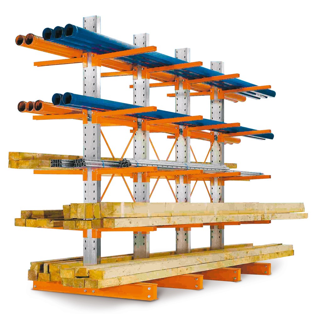 Produktabbildung: Komplettpaket Kragarmregal, doppelseitig, Tragkraft pro Arm 400 kg, HxBxT 2.964 x 3.160 x 1.820 mm, 4 Ständer