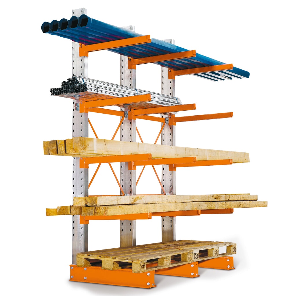 Komplettpaket Kragarmregal, leichte Ausführung, einseitig, Tragkraft pro Arm 300 kg, HxBxT 2.432 x 3.000 x 680 mm, 4 Ständer Produktabbildung: Komplettpaket Kragarmregal, leichte Ausführung, einseitig, Tragkraft pro Arm 300 kg, HxBxT 2.432 x 3.000 x 680 mm, 4 Ständer