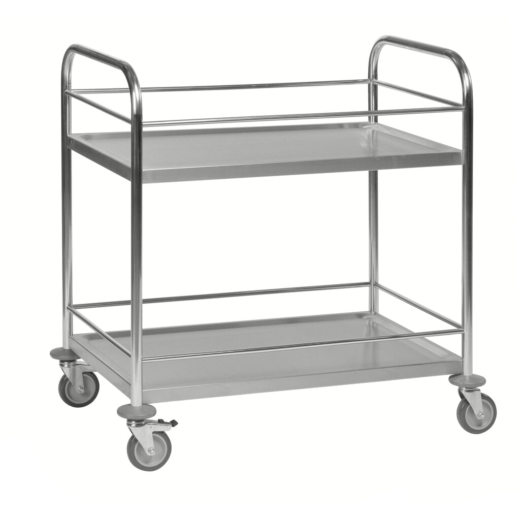 Produktabbildung: Kongamek Servierwagen aus Edelstahl, 2 Böden, HxBxT 940 x 590 x 910 mm, Schutzstange