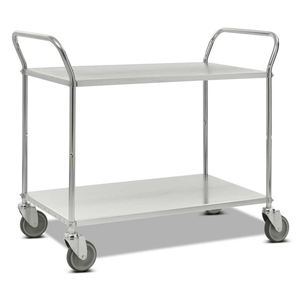 Kongamek Tischwagen, komplett verzinkt, hochstehende Bügel, 2 Etagen à 900 x 540 mm Produktabbildung: Kongamek Tischwagen, komplett verzinkt, hochstehende Bügel, 2 Etagen à 900 x 540 mm