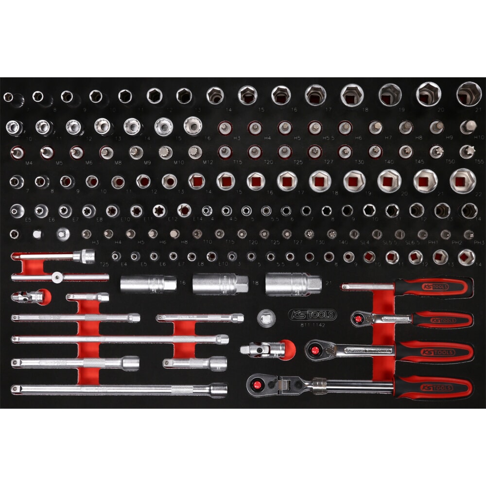 Produktabbildung: KS TOOLS 1/4'' + 3/8'' Steckschlüssel-Satz in Schaumstoffeinlage, 142-tlg