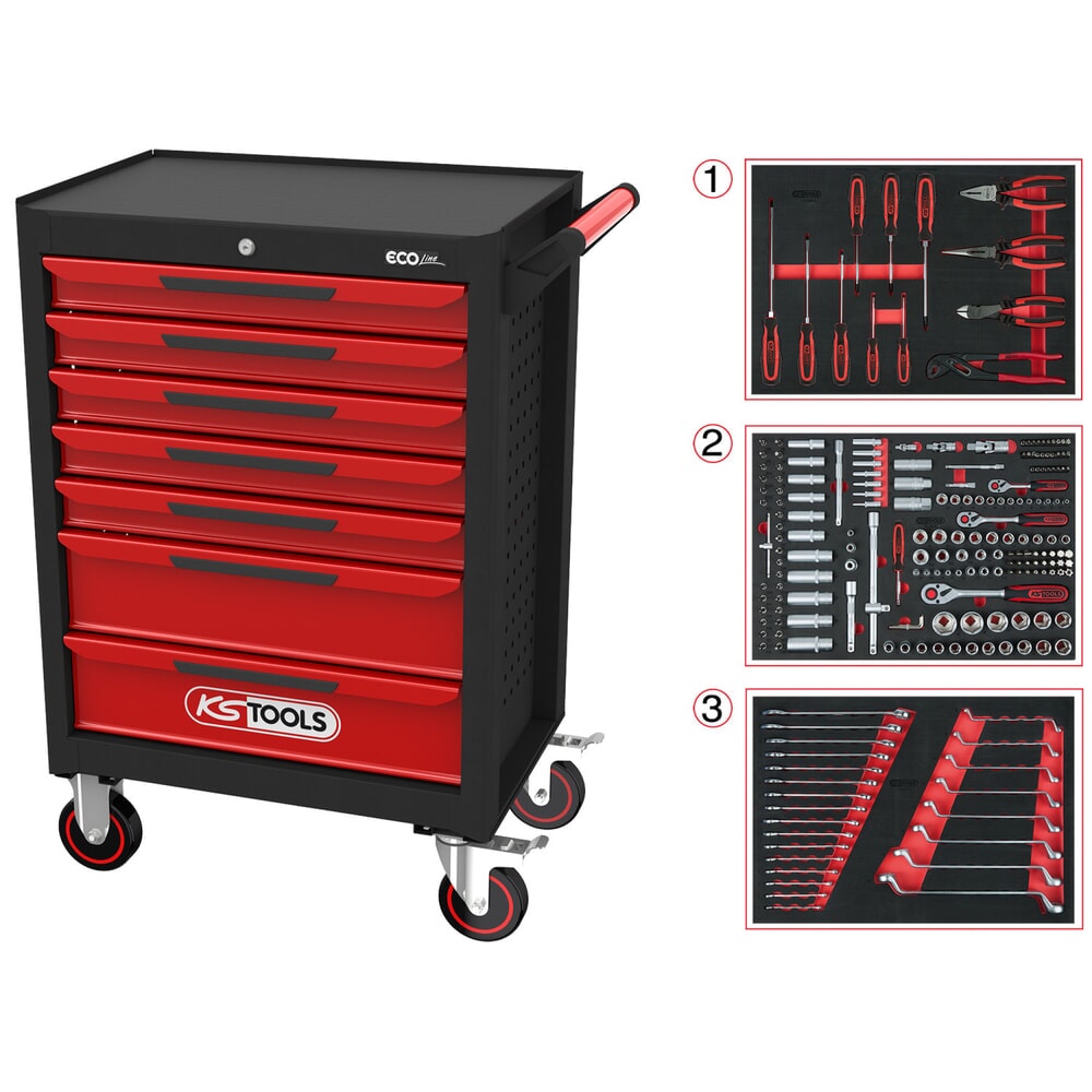 Produktabbildung: KS TOOLS ECOline SCHWARZ/ROT Werkstattwagen mit 7 Schubladen und 215 Premium-Werkzeugen