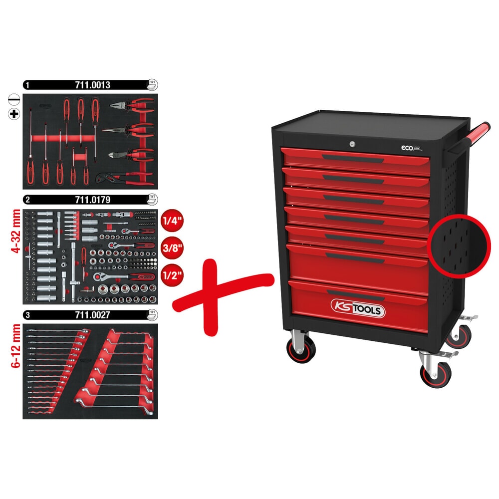 KS TOOLS ECOline SCHWARZ/ROT Werkstattwagen mit 7 Schubladen und 215 Premium-Werkzeugen Produktabbildung Nr. 2: KS TOOLS ECOline SCHWARZ/ROT Werkstattwagen mit 7 Schubladen und 215 Premium-Werkzeugen
