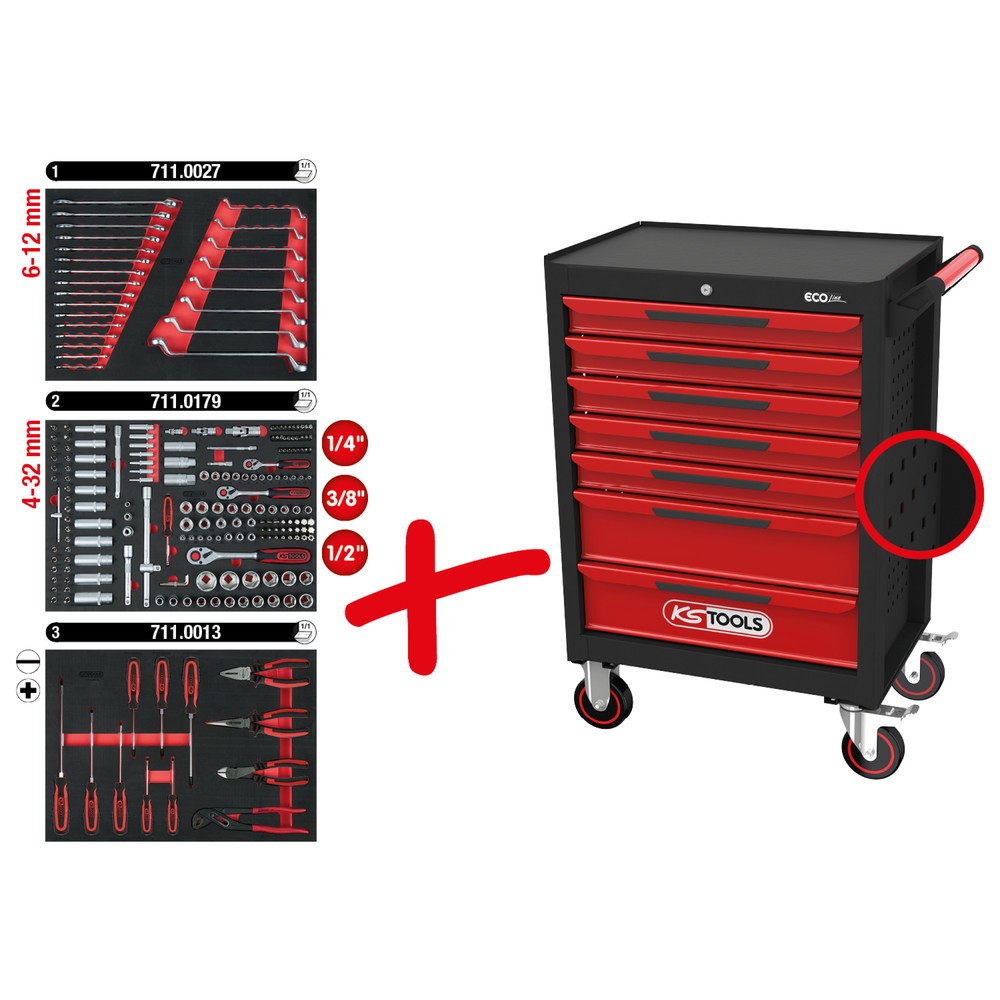 Produktabbildung Nr. 9: KS TOOLS ECOline SCHWARZ/ROT Werkstattwagen mit 7 Schubladen und 215 Premium-Werkzeugen
