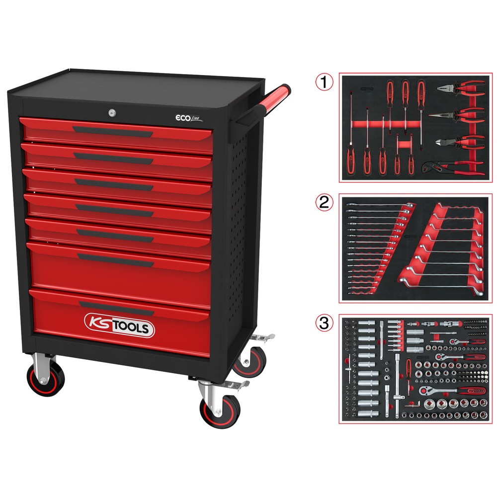 Produktabbildung: KS TOOLS ECOline SCHWARZ/ROT Werkstattwagen mit 7 Schubladen und 215 Premium-Werkzeugen