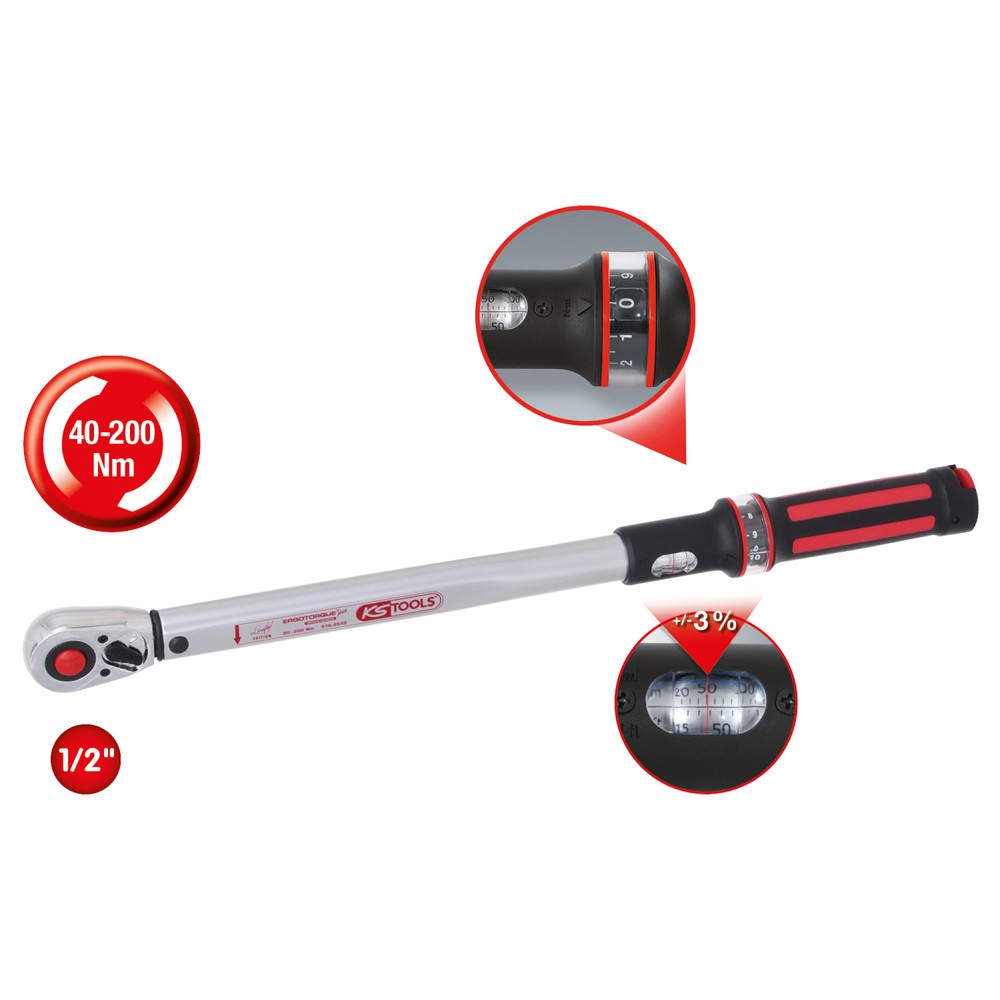 Produktabbildung Nr. 13: KS TOOLS 1/2" ERGOTORQUE®precision Ratschen-Drehmomentschlüssel, 40-200Nm, rot