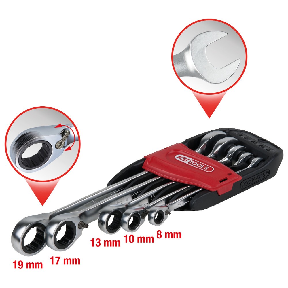 Produktabbildung Nr. 3: KS TOOLS GEARplus Ratschenringmaulschlüssel-Satz, umschaltbar, 5-tlg 8-19mm
