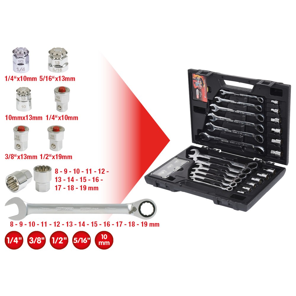 Produktabbildung Nr. 2: KS TOOLS GEARplus RINGSTOP-Ratschenringmaulschlüssel-Satz, 30-tlg mit Adapter