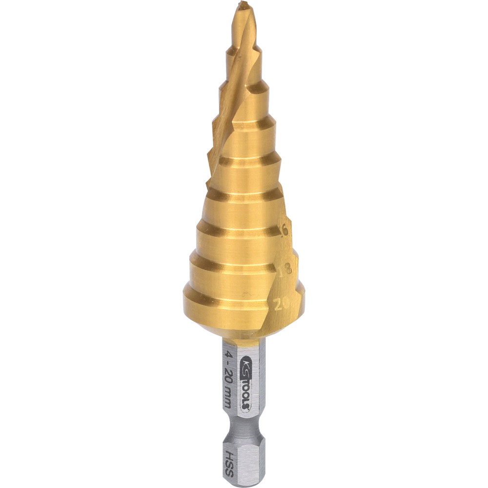 Produktabbildung: KS TOOLS 1/4" HSS-TiN Stufenbohrer-Bit,Ø 4-20mm, 9 Stufen