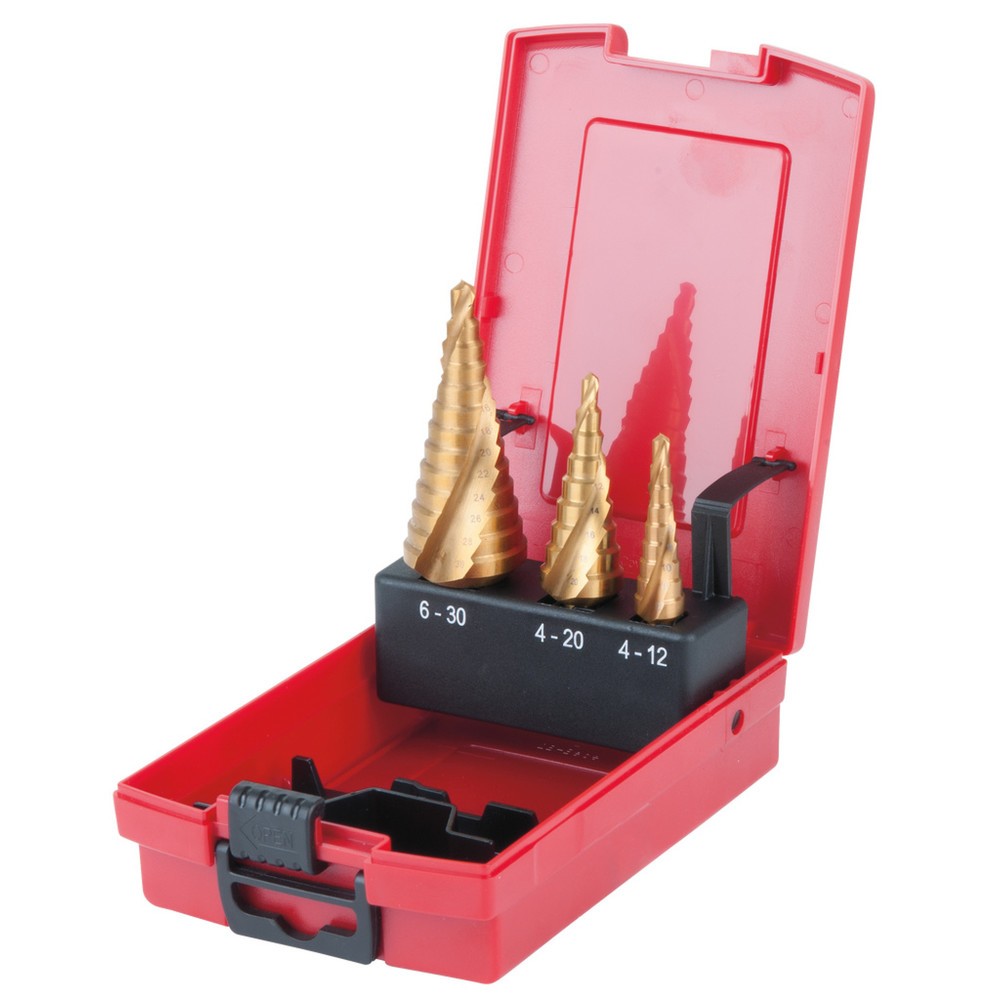 Produktabbildung: KS TOOLS HSS TiN Stufenbohrer-Satz, Kunststoffkassette 3-tlg