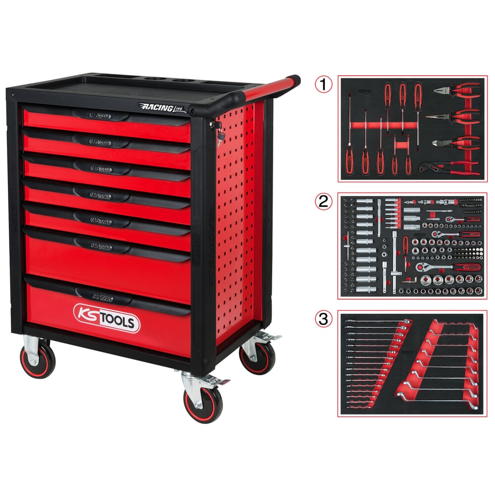 Produktabbildung: KS TOOLS RACINGline SCHWARZ/ROT Werkstattwagen mit 7 Schubladen und 215 Premium-Werkzeugen