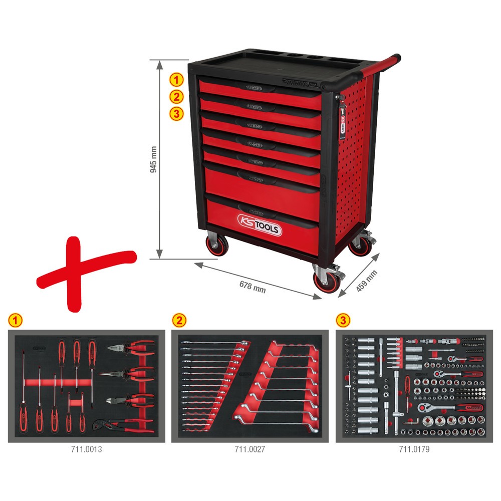Produktabbildung Nr. 9: KS TOOLS RACINGline SCHWARZ/ROT Werkstattwagen mit 7 Schubladen und 215 Premium-Werkzeugen