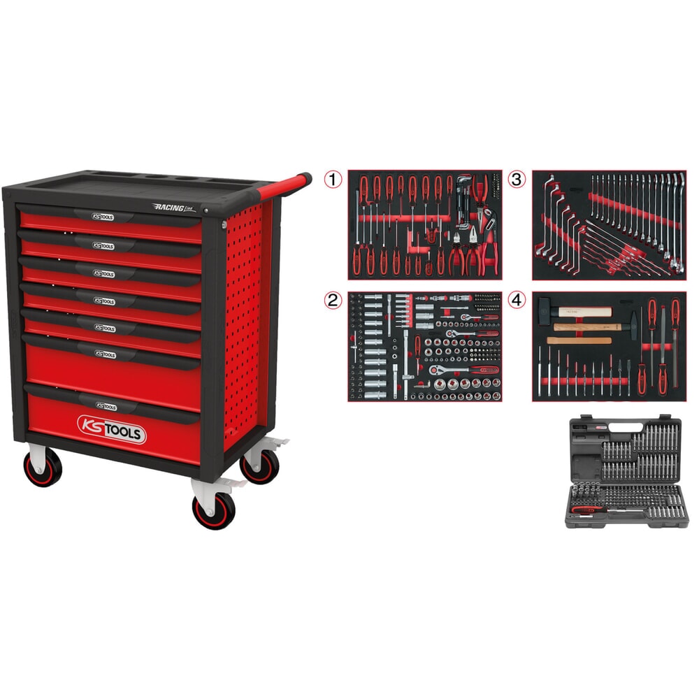 Produktabbildung: KS TOOLS RACINGline SCHWARZ/ROT Werkstattwagen mit 7 Schubladen und 515 Premium-Werkzeugen