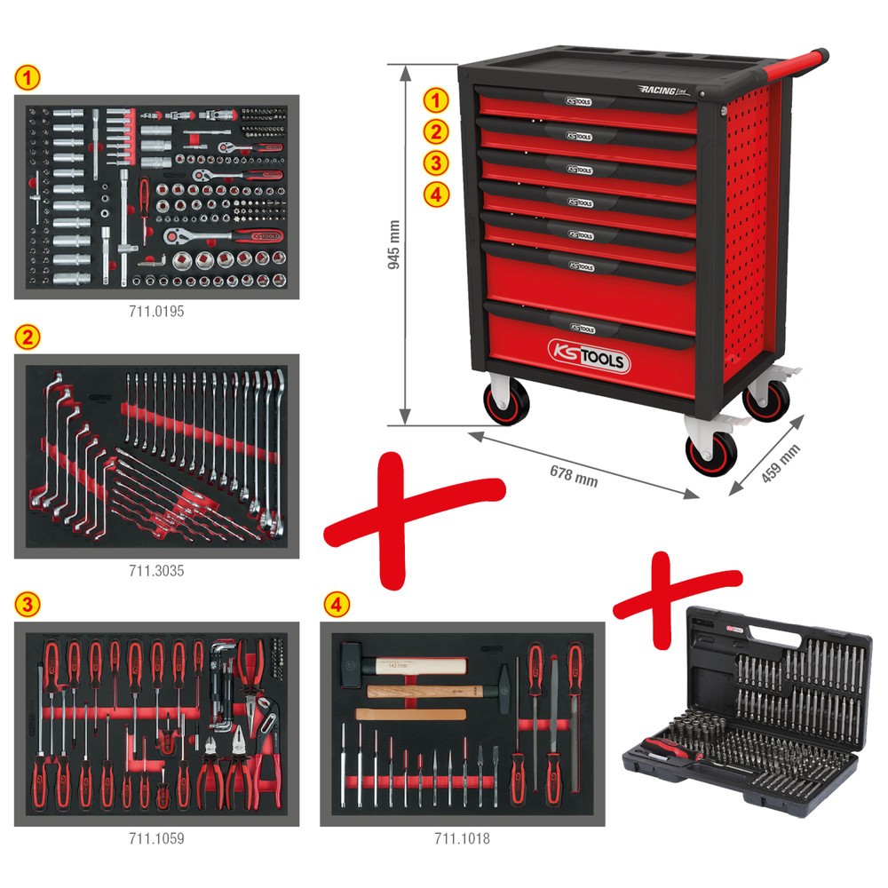 Produktabbildung Nr. 9: KS TOOLS RACINGline SCHWARZ/ROT Werkstattwagen mit 7 Schubladen und 515 Premium-Werkzeugen
