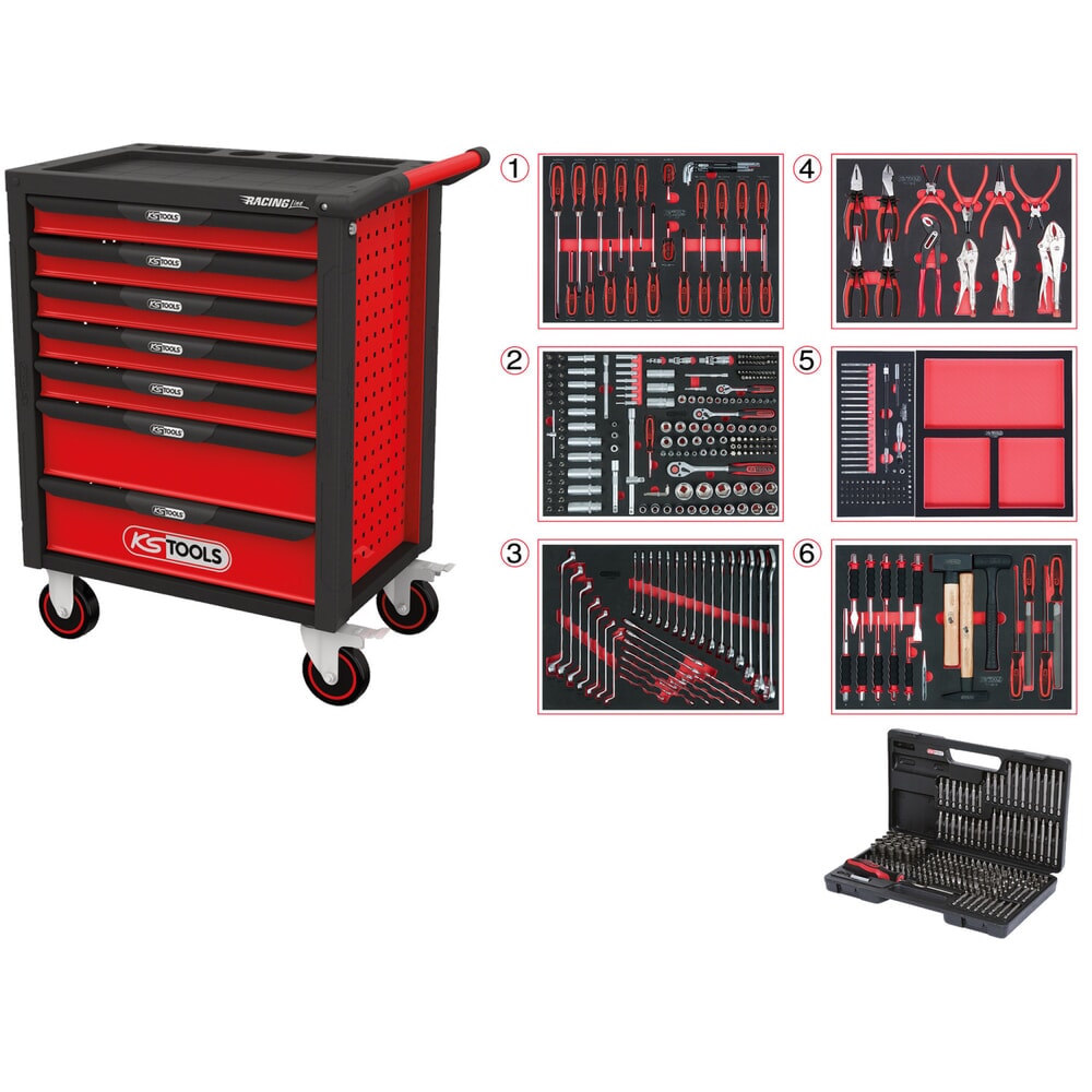 Produktabbildung: KS TOOLS RACINGline SCHWARZ/ROT Werkstattwagen mit 7 Schubladen und 598 Premium-Werkzeugen