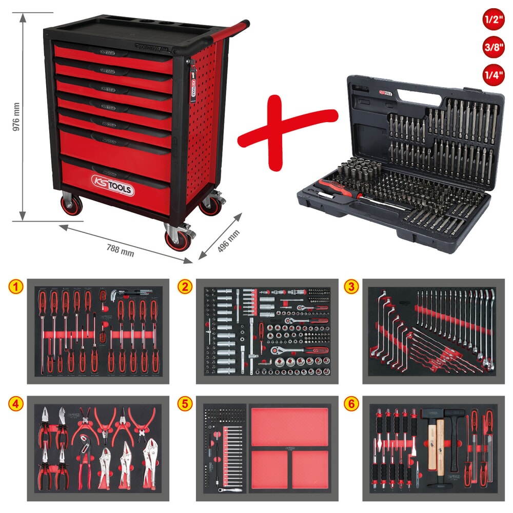 KS TOOLS RACINGline SCHWARZ/ROT Werkstattwagen mit 7 Schubladen und 598 Premium-Werkzeugen Produktabbildung Nr. 2: KS TOOLS RACINGline SCHWARZ/ROT Werkstattwagen mit 7 Schubladen und 598 Premium-Werkzeugen