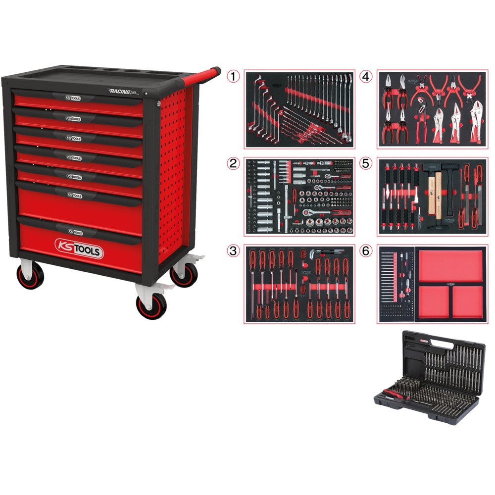 Produktabbildung Nr. 9: KS TOOLS RACINGline SCHWARZ/ROT Werkstattwagen mit 7 Schubladen und 598 Premium-Werkzeugen