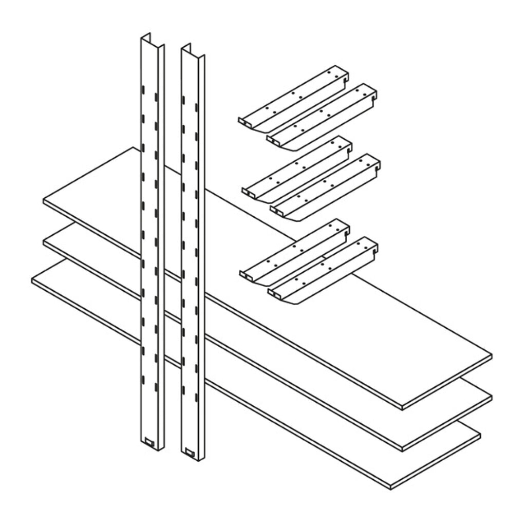 Produktabbildung: Lagerregal 2.000 - 3 Ebenen, für FLADAFI® Materialcontainer XL + XXL, 3 Ebenen, 2 Regalsäulen, 6 Tragarmen aus verzinktem Stahlblech, 3 Holzregalböden 2.000 x 500 mm