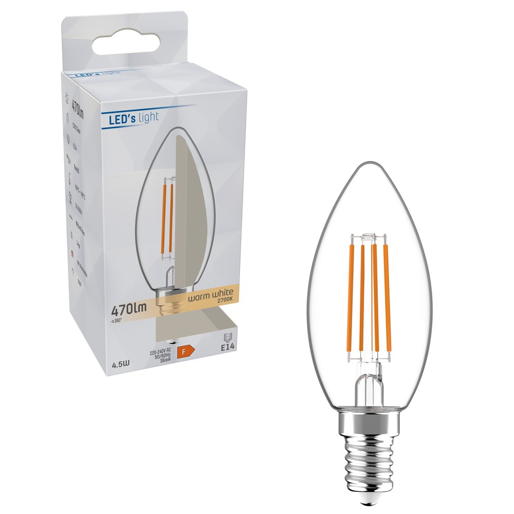 Produktabbildung Nr. 2: LED Filament Leuchtmittel - Kerze C35 E14 4,5W 470lm 2700K klar 330°