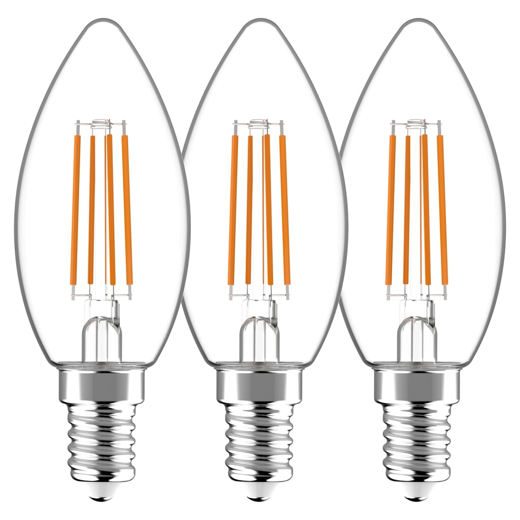 LED Filament Leuchtmittel - Kerze C35 E14 4,5W 470lm 2700K klar 330° - 3er-Pack Produktabbildung: LED Filament Leuchtmittel - Kerze C35 E14 4,5W 470lm 2700K klar 330° - 3er-Pack