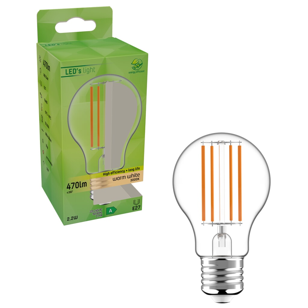 LED Filament Leuchtmittel - Klassisch A60 E27 2,2W 470lm 3000K klar 320° Produktabbildung Nr. 2: LED Filament Leuchtmittel - Klassisch A60 E27 2,2W 470lm 3000K klar 320°