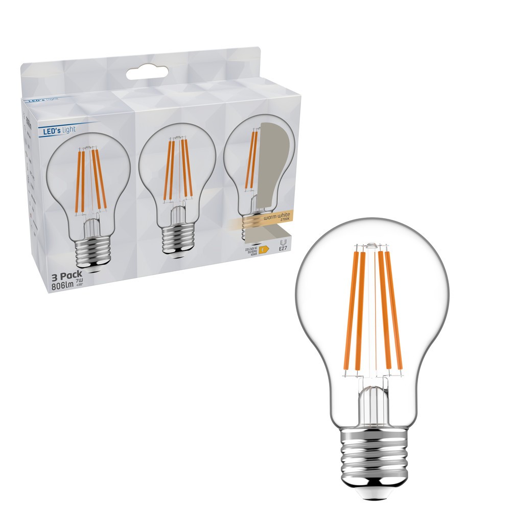 Produktabbildung Nr. 2: LED Filament Leuchtmittel - Klassisch A60 E27 7W 806lm 2700K klar 330° - 3er-Pack