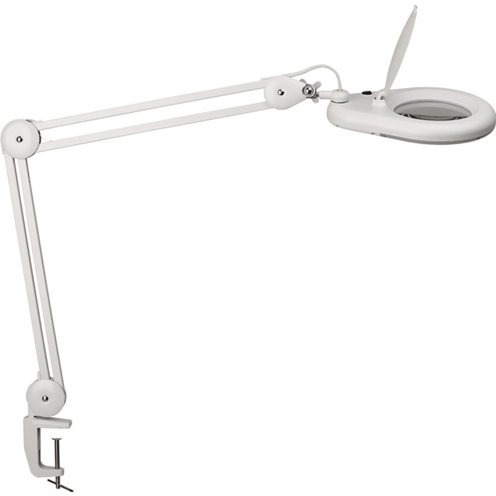 Produktabbildung: LED-Lupenleuchte, Tischklemme, Glaslinse 127 (5 ″), weiß mit Abdeckung, runder Kopf