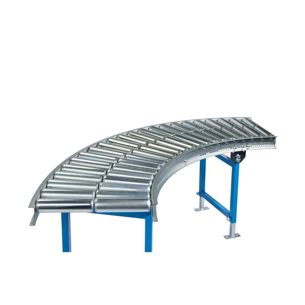 Produktabbildung: Leicht-Rollenbahn, 45˚ Kurve, Stahlrollen, Ø 50 mm, Bahnbreite 600 mm, Achsabstand 75 mm