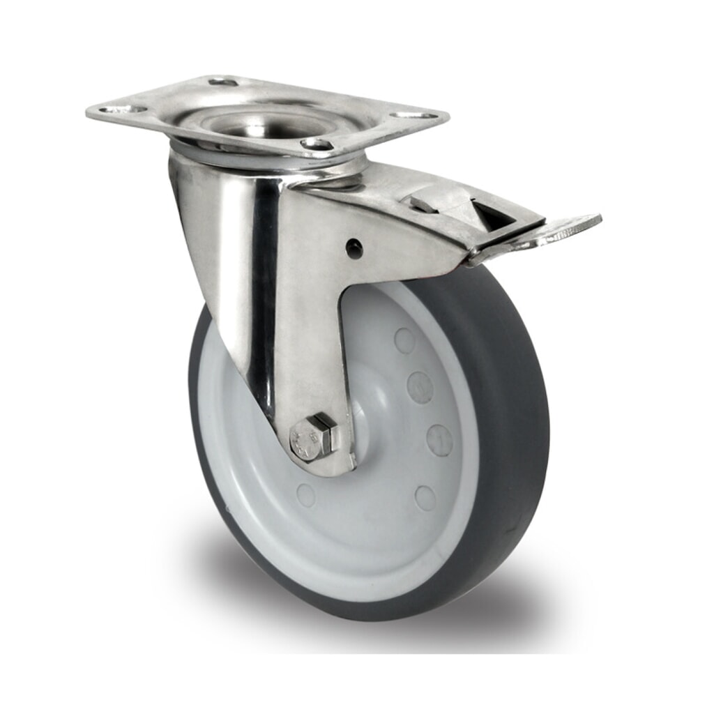 Lenkrolle mit Totalfeststeller ø 80 mm Serie P2W2 Gleitlager Edelstahl Produktabbildung: Lenkrolle mit Totalfeststeller ø 80 mm Serie P2W2 Gleitlager Edelstahl