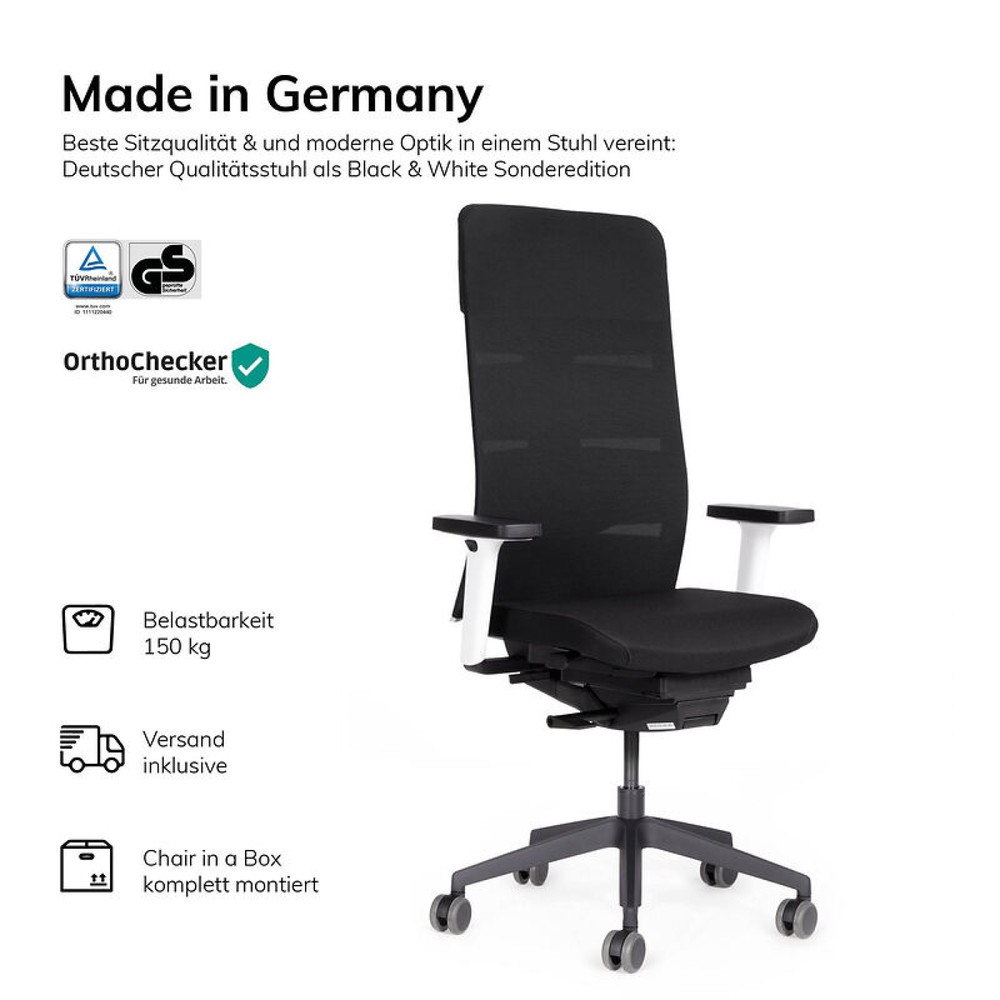 Produktabbildung Nr. 2: lento agilis matrix MT13 Bürostuhl, 100% Polyester, schwarzer Sitz, schwarz-weiße Rückenlehne, Kunststoff-Fußkreuz