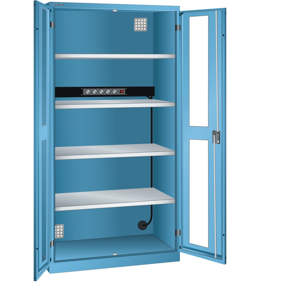 Produktabbildung: LISTA Akku-Ladeschrank, (BxTxH) 1000x580x1950mm, 1 Energieleiste Rückwand, Sichtfenster, lichtblau