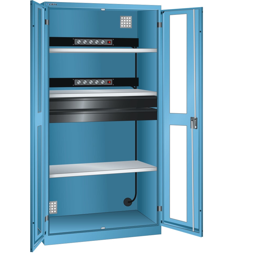LISTA Akku-Ladeschrank, (BxTxH) 1000x580x1950mm, 2 Energieleisten, 2 Schubladen, lichtblau Produktabbildung: LISTA Akku-Ladeschrank, (BxTxH) 1000x580x1950mm, 2 Energieleisten, 2 Schubladen, lichtblau