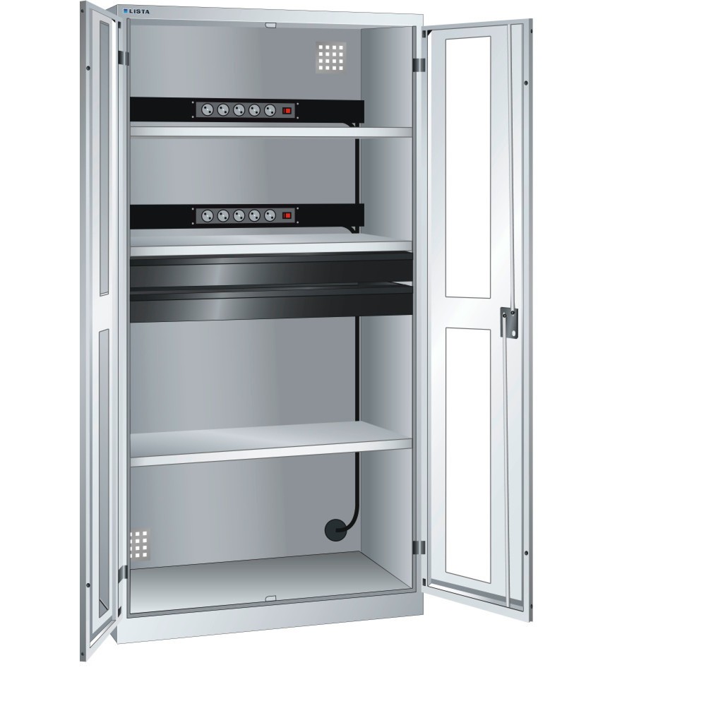 Produktabbildung: LISTA Akku-Ladeschrank, (BxTxH) 1000x580x1950mm, 2 Energieleisten, 2 Schubladen, lichtgrau