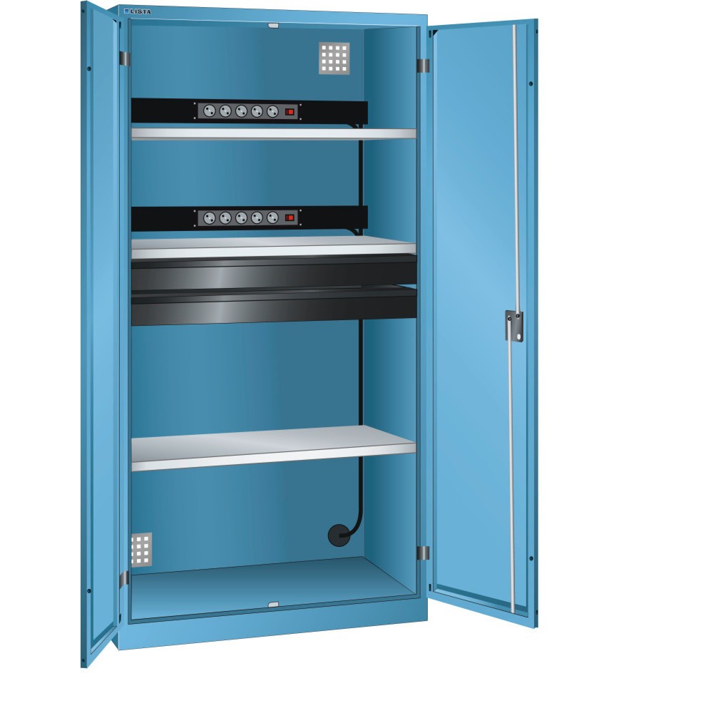 Produktabbildung: LISTA Akku-Ladeschrank, (BxTxH) 1000x580x1950mm, 2 Energieleisten Rückwand, 2 Schubladen, lichtblau